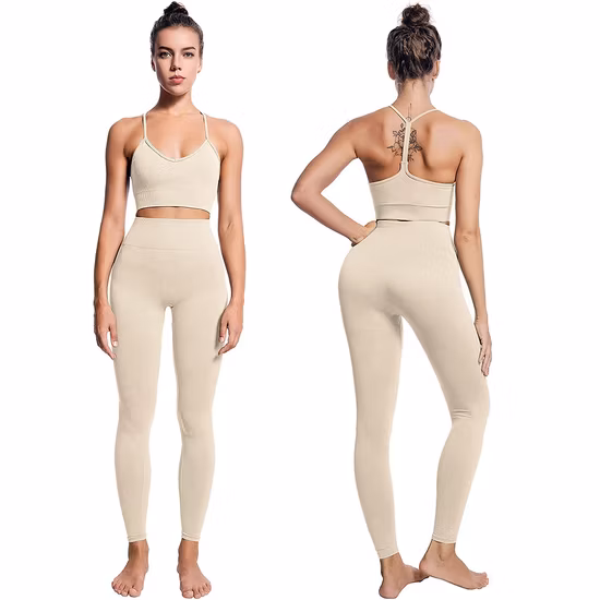 2 조각 체육관 의상 자르기 탑 하이 웨이스트 요가 브래지어 레깅스 여성을위한 원활한 운동 세트